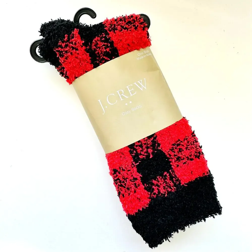 NEW J CREW Red Black Tartan Plaid Print Fuzzy Cozy Chunky Knit Socks Unisex